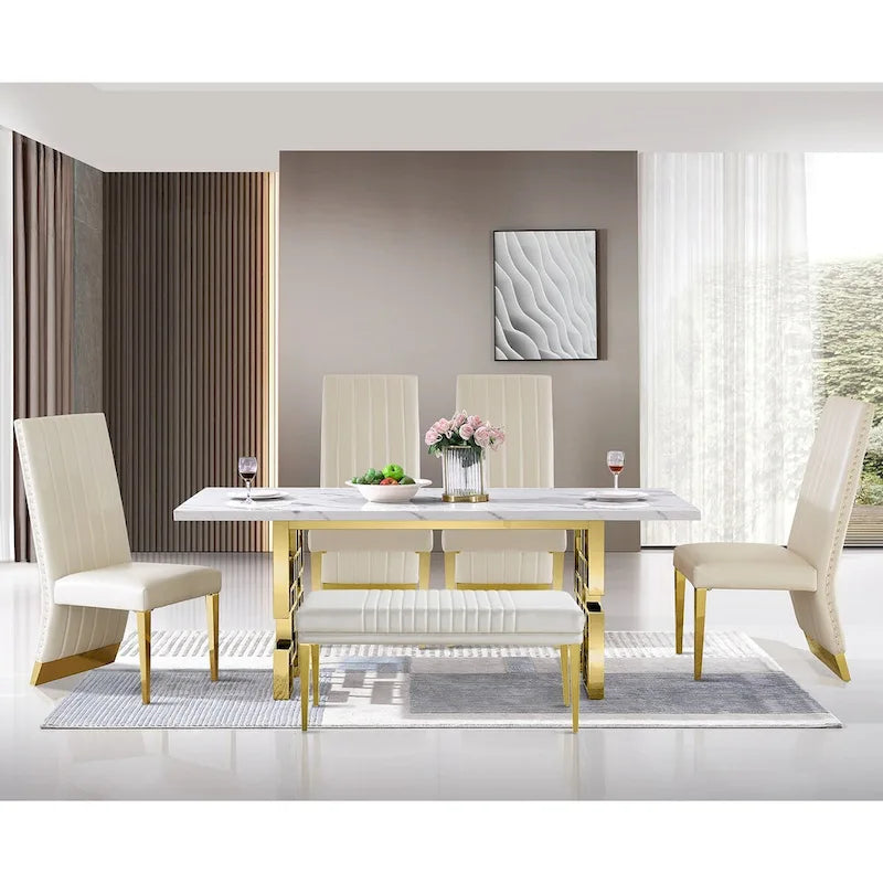 Mesa de comedor de mármol sintético blanco, base dorada/plateada, 4 a 8 plazas
