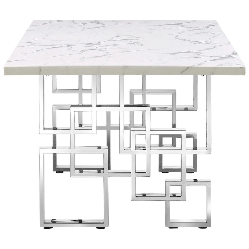 Mesa de comedor de mármol sintético blanco, base dorada/plateada, 4 a 8 plazas