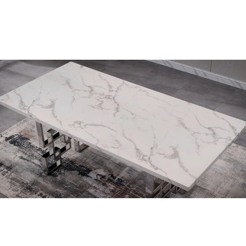 Mesa de comedor de mármol sintético blanco, base dorada/plateada, 4 a 8 plazas