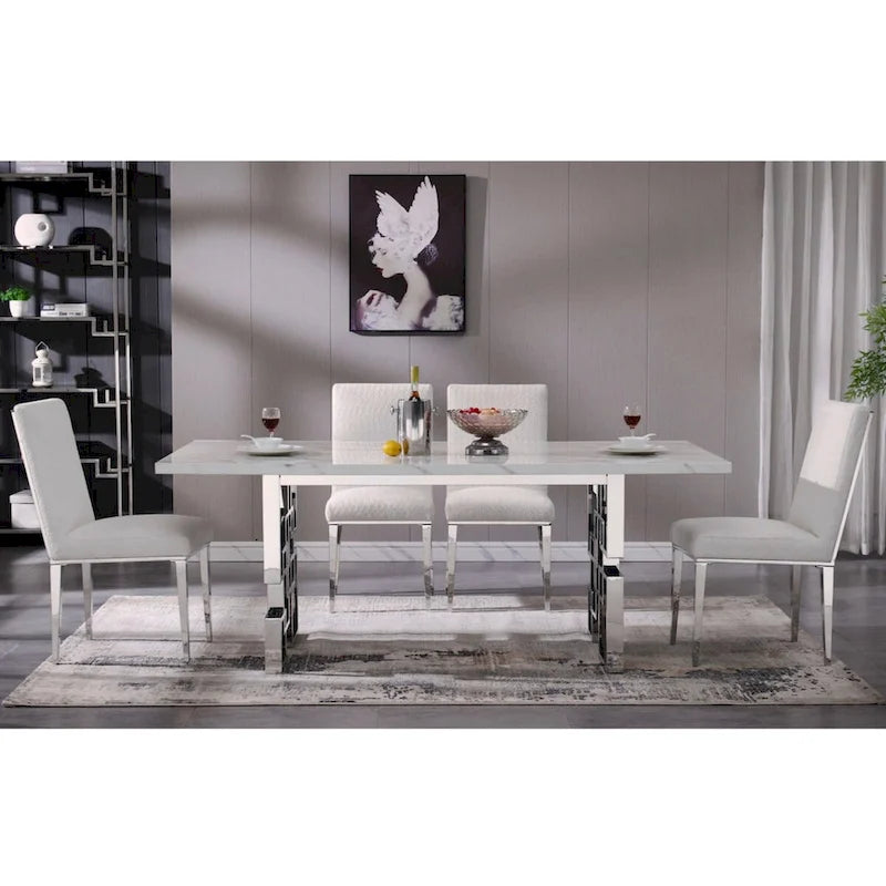 Mesa de comedor de mármol sintético blanco, base dorada/plateada, 4 a 8 plazas