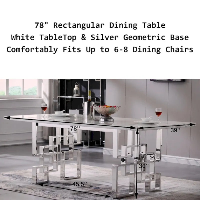 Mesa de comedor de mármol sintético blanco, base dorada/plateada, 4 a 8 plazas
