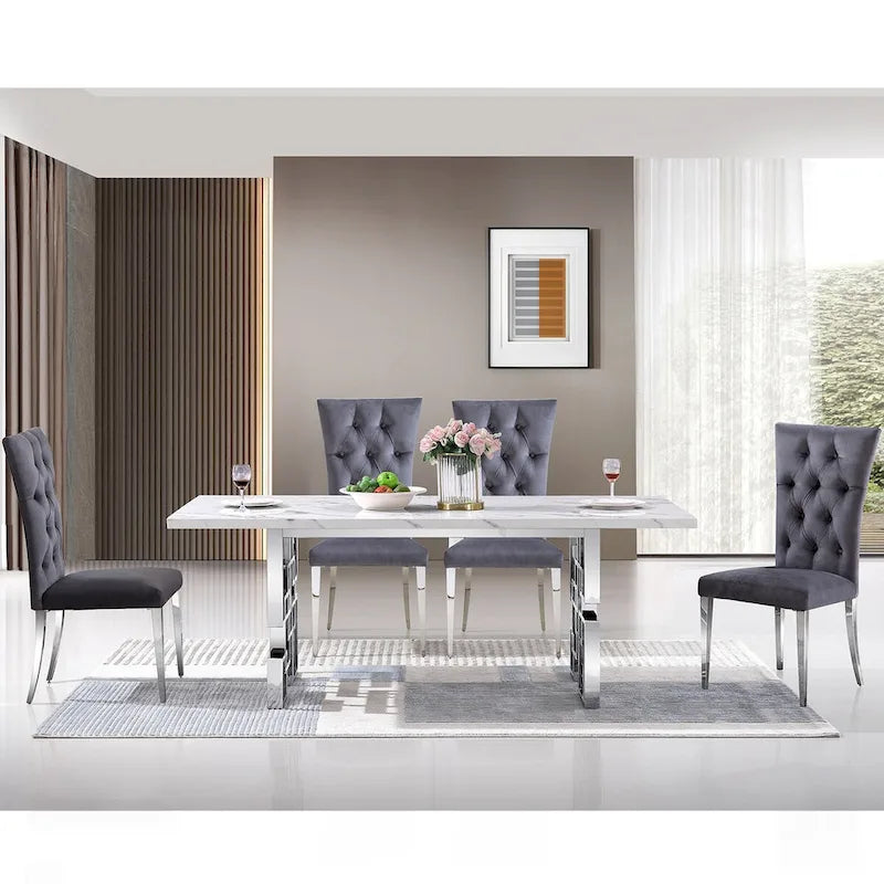 Mesa de comedor de mármol sintético blanco, base dorada/plateada, 4 a 8 plazas