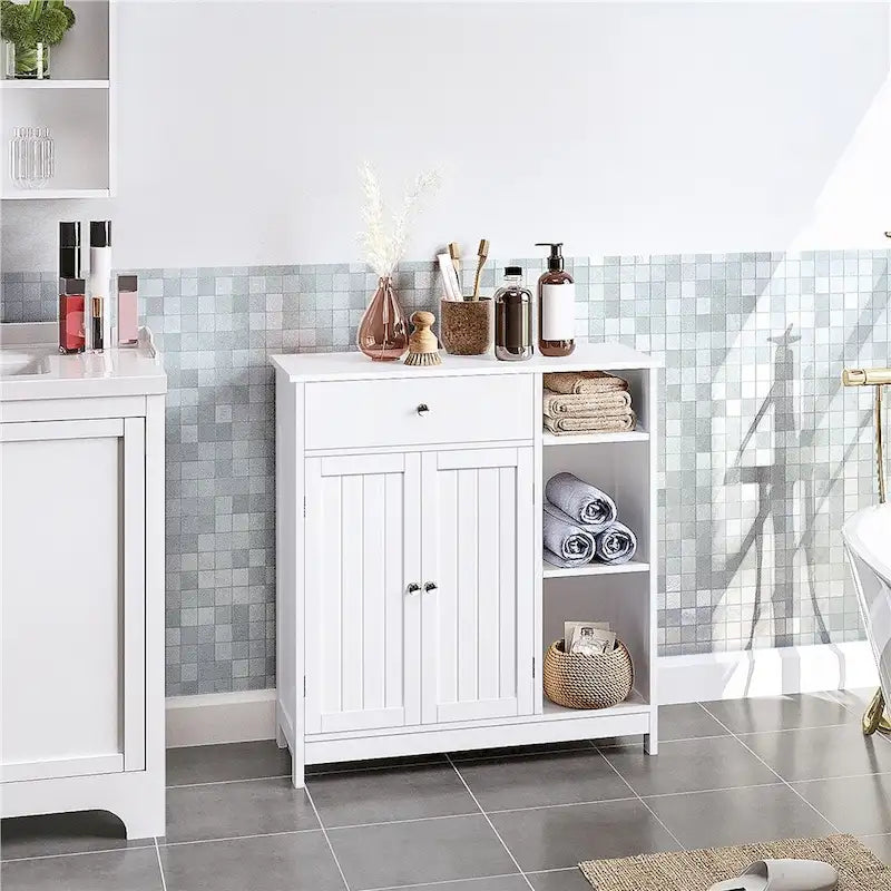 Armario de suelo independiente para baño, blanco/espresso, con cajón