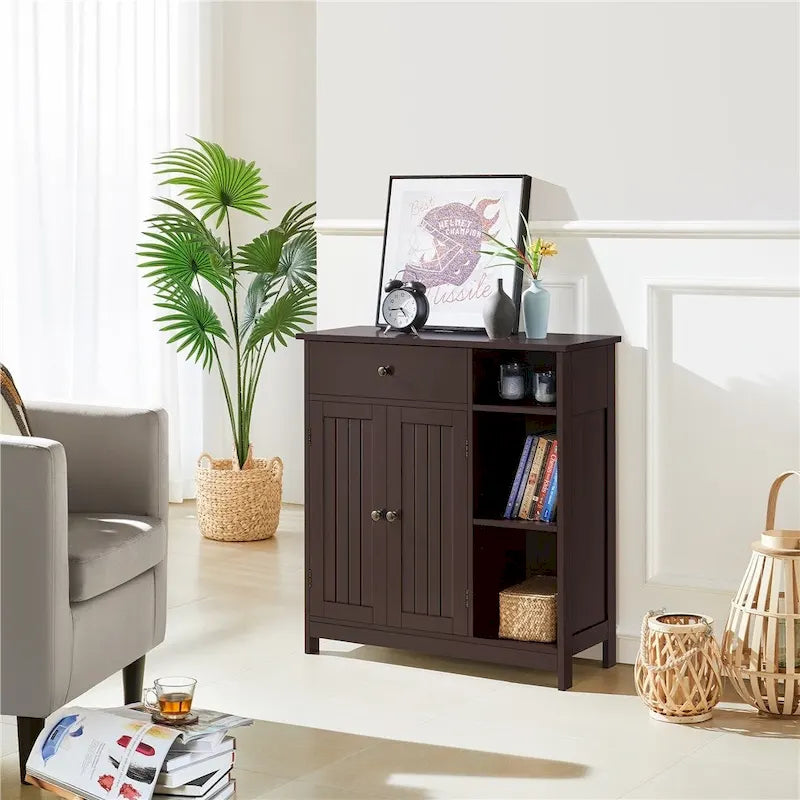 Armario de suelo independiente para baño, blanco/espresso, con cajón