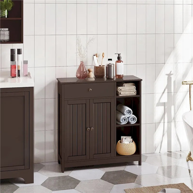 Armario de suelo independiente para baño, blanco/espresso, con cajón