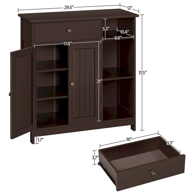 Armario de suelo independiente para baño, blanco/espresso, con cajón