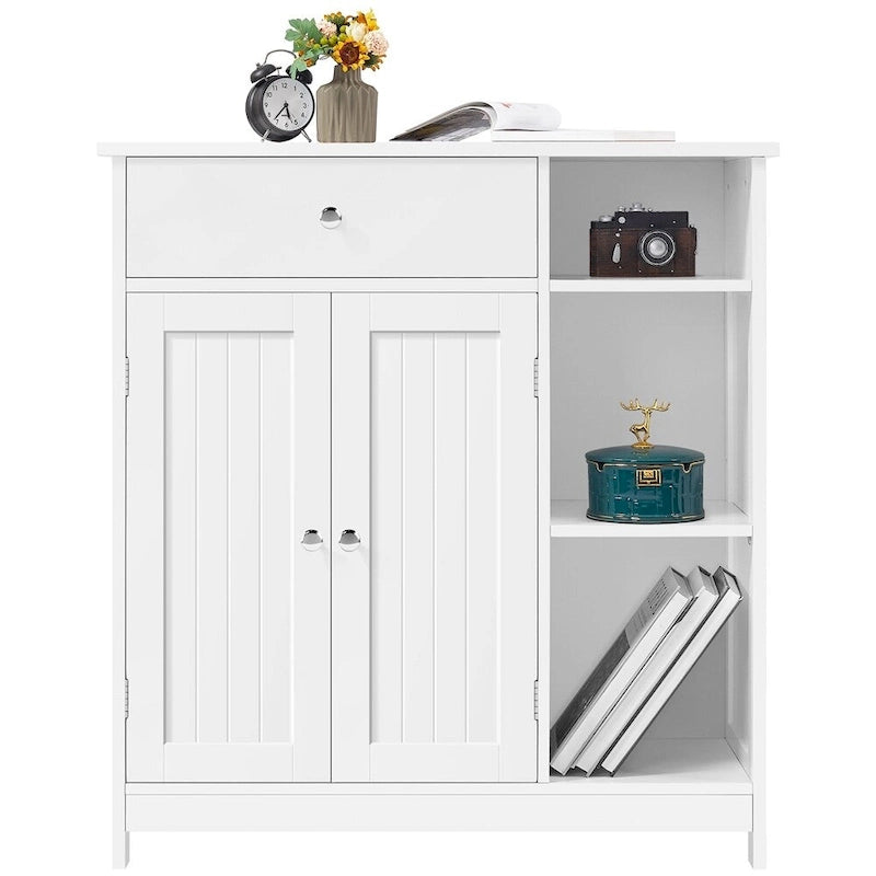 Armario de suelo independiente para baño, blanco/espresso, con cajón