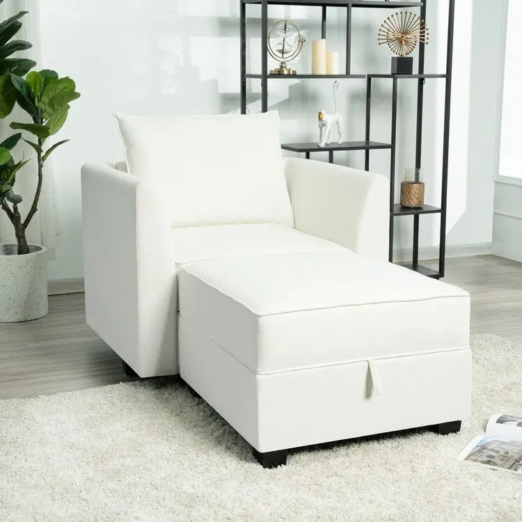 Sillón modular de lino beige, estructura de madera maciza, asiento individual