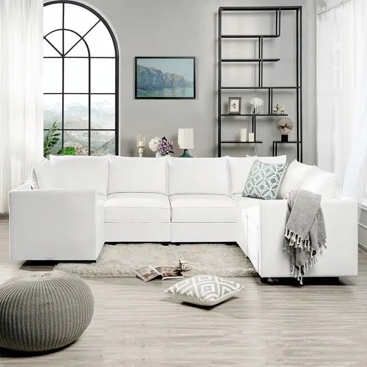 Sillón modular de lino beige, estructura de madera maciza, asiento individual