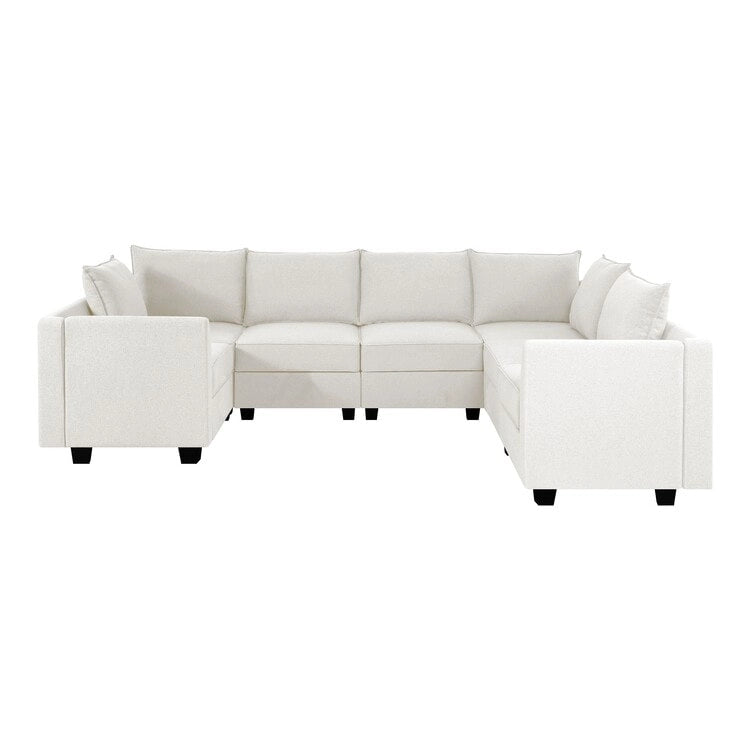 Sillón modular de lino beige, estructura de madera maciza, asiento individual