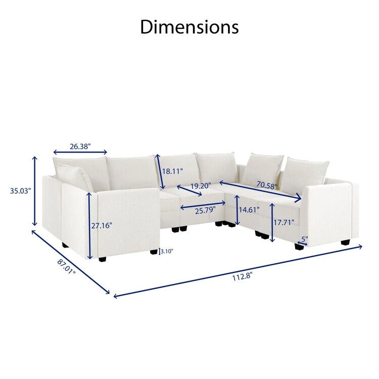 Sillón modular de lino beige, estructura de madera maciza, asiento individual