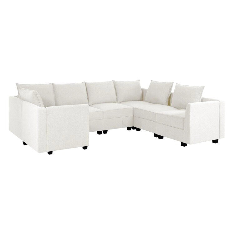 Sillón modular de lino beige, estructura de madera maciza, asiento individual