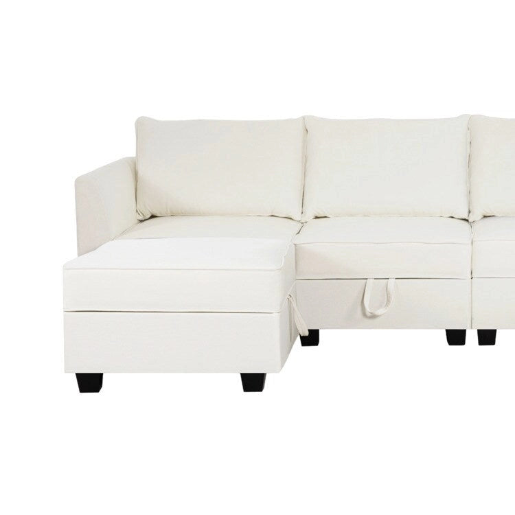 Sillón modular de lino beige, estructura de madera maciza, asiento individual