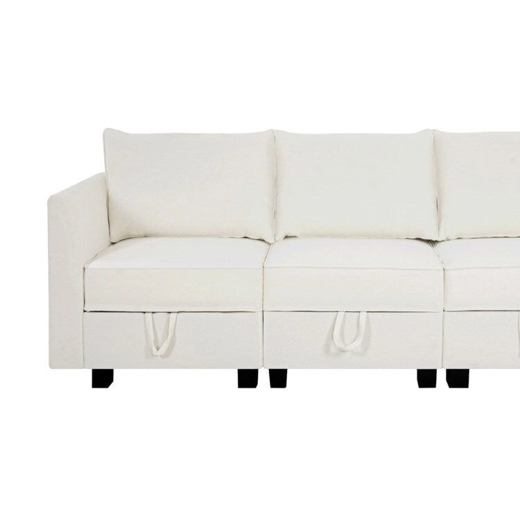 Sillón modular de lino beige, estructura de madera maciza, asiento individual