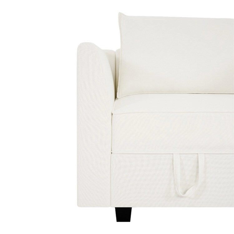 Sillón modular de lino beige, estructura de madera maciza, asiento individual
