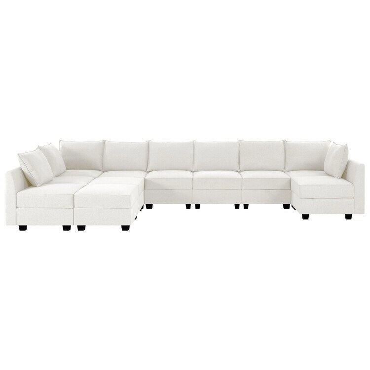 Sillón modular de lino beige, estructura de madera maciza, asiento individual
