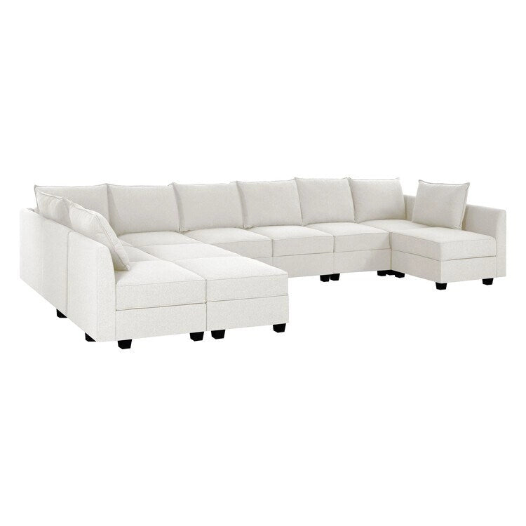 Sillón modular de lino beige, estructura de madera maciza, asiento individual