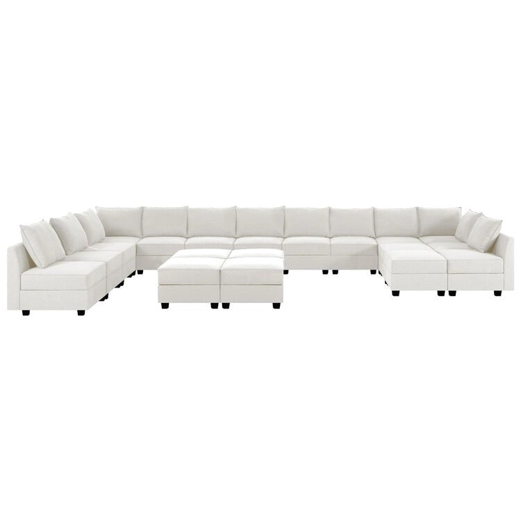 Sillón modular de lino beige, estructura de madera maciza, asiento individual