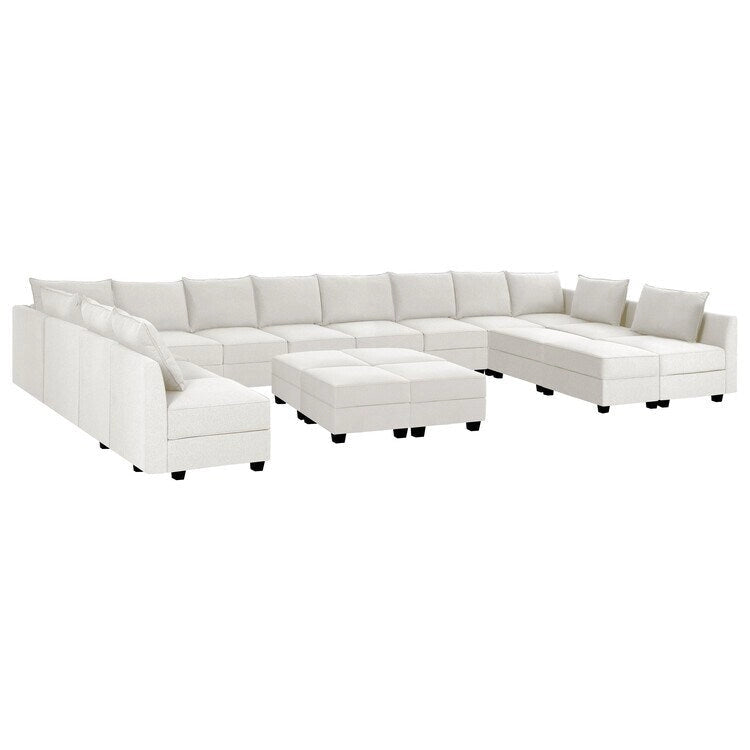 Sillón modular de lino beige, estructura de madera maciza, asiento individual