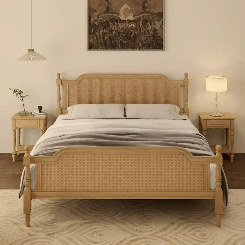 Estructura de cama de ratán, Nogal/Blanco antiguo, King/Queen, Capacidad 2 personas