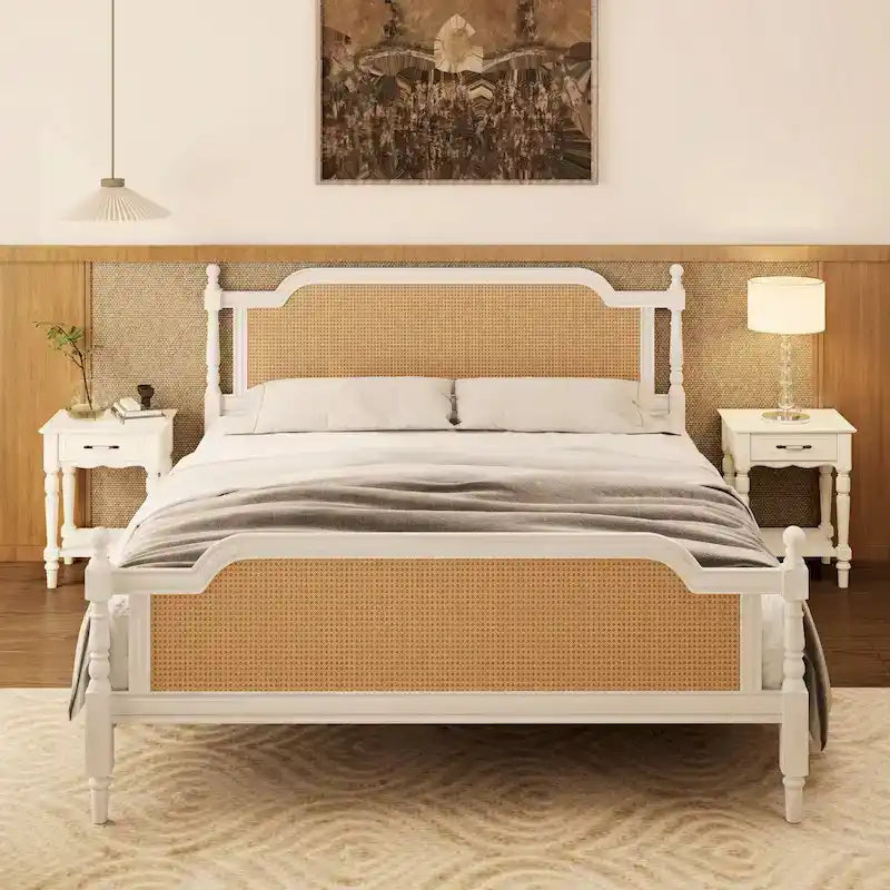 Estructura de cama de ratán, Nogal/Blanco antiguo, King/Queen, Capacidad 2 personas