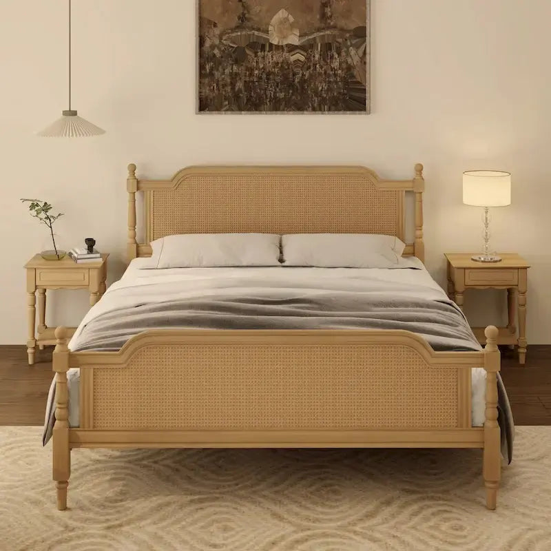 Estructura de cama de ratán, Nogal/Blanco antiguo, King/Queen, Capacidad 2 personas