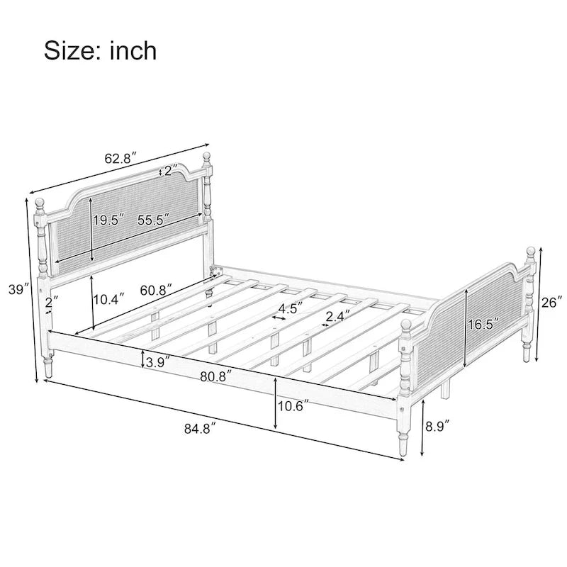 Estructura de cama de ratán, Nogal/Blanco antiguo, King/Queen, Capacidad 2 personas