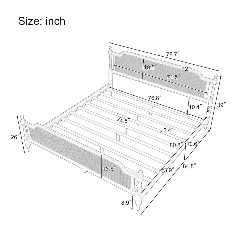 Estructura de cama de ratán, Nogal/Blanco antiguo, King/Queen, Capacidad 2 personas