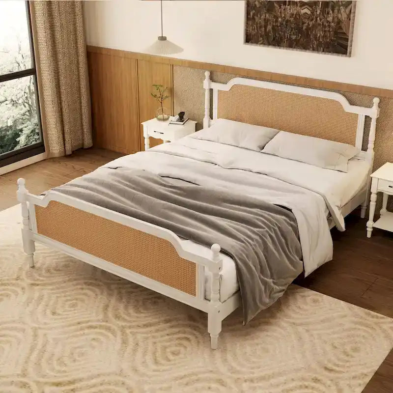 Estructura de cama de ratán, Nogal/Blanco antiguo, King/Queen, Capacidad 2 personas