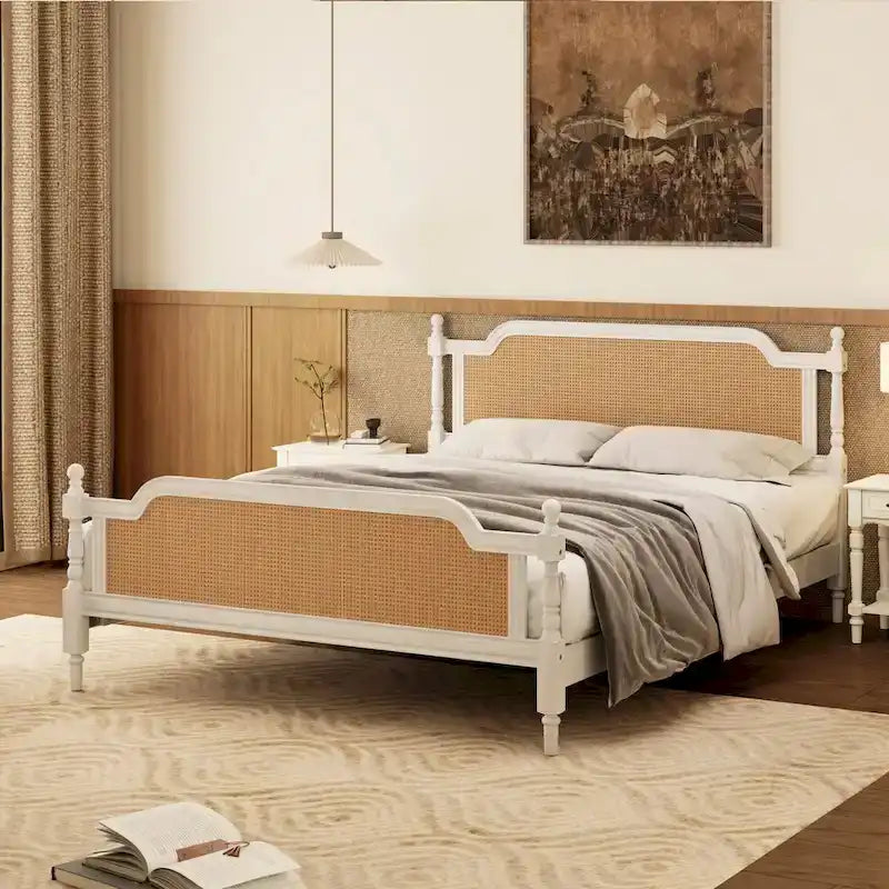 Estructura de cama de ratán, Nogal/Blanco antiguo, King/Queen, Capacidad 2 personas