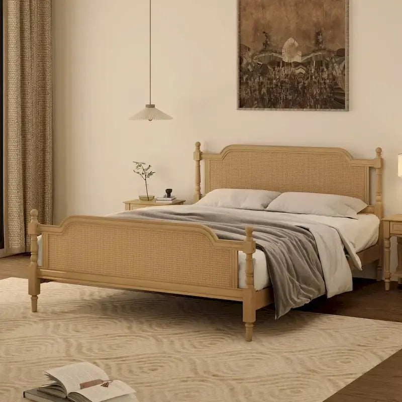 Estructura de cama de ratán, Nogal/Blanco antiguo, King/Queen, Capacidad 2 personas
