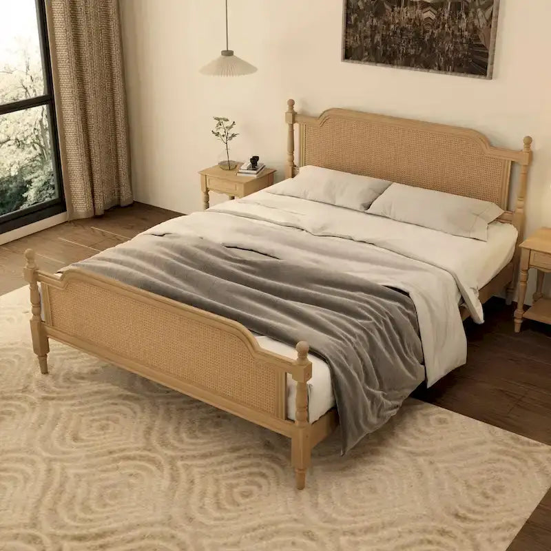 Estructura de cama de ratán, Nogal/Blanco antiguo, King/Queen, Capacidad 2 personas