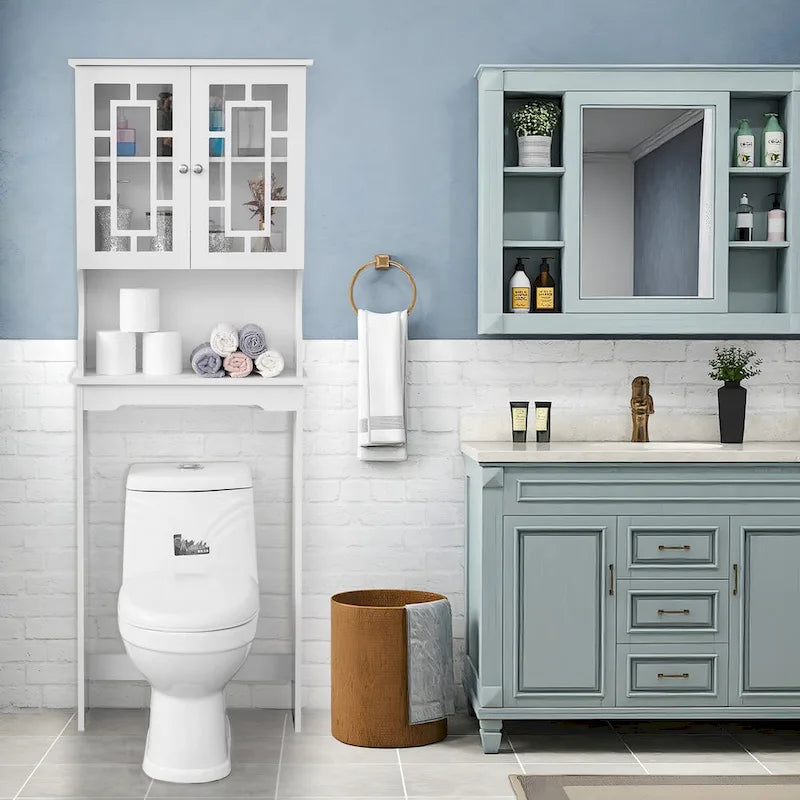 Mueble organizador de baño blanco con 2 puertas de cristal y estante ajustable, montaje por 1 persona