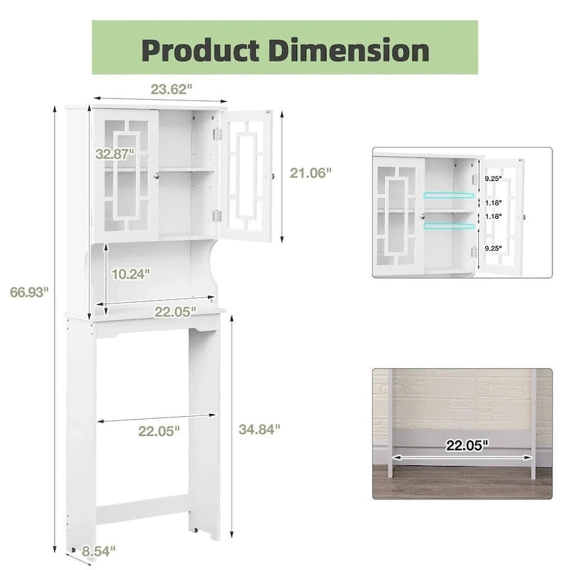 Mueble organizador de baño blanco con 2 puertas de cristal y estante ajustable, montaje por 1 persona