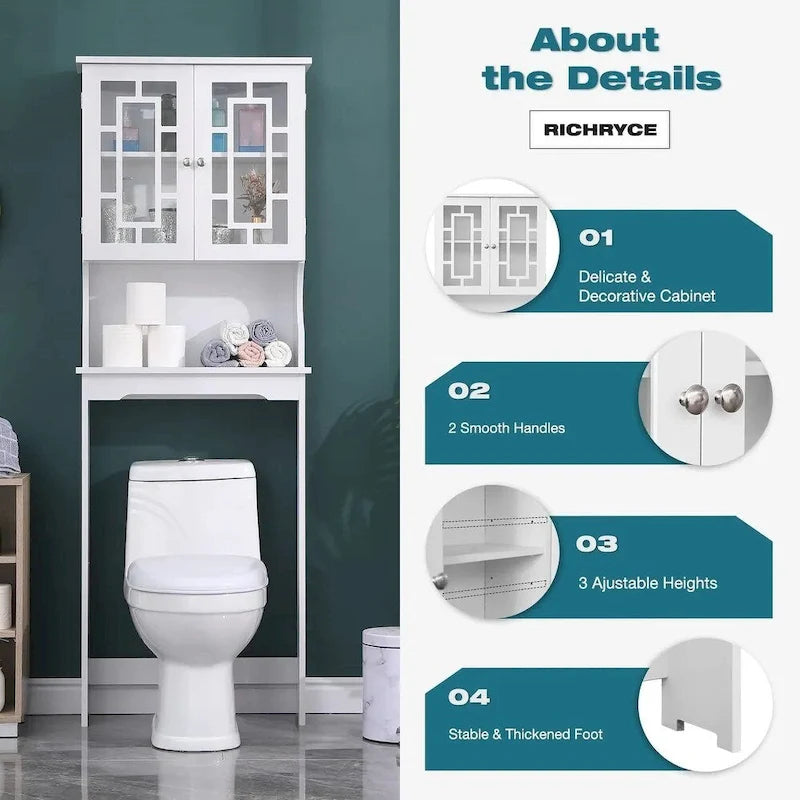 Mueble organizador de baño blanco con 2 puertas de cristal y estante ajustable, montaje por 1 persona